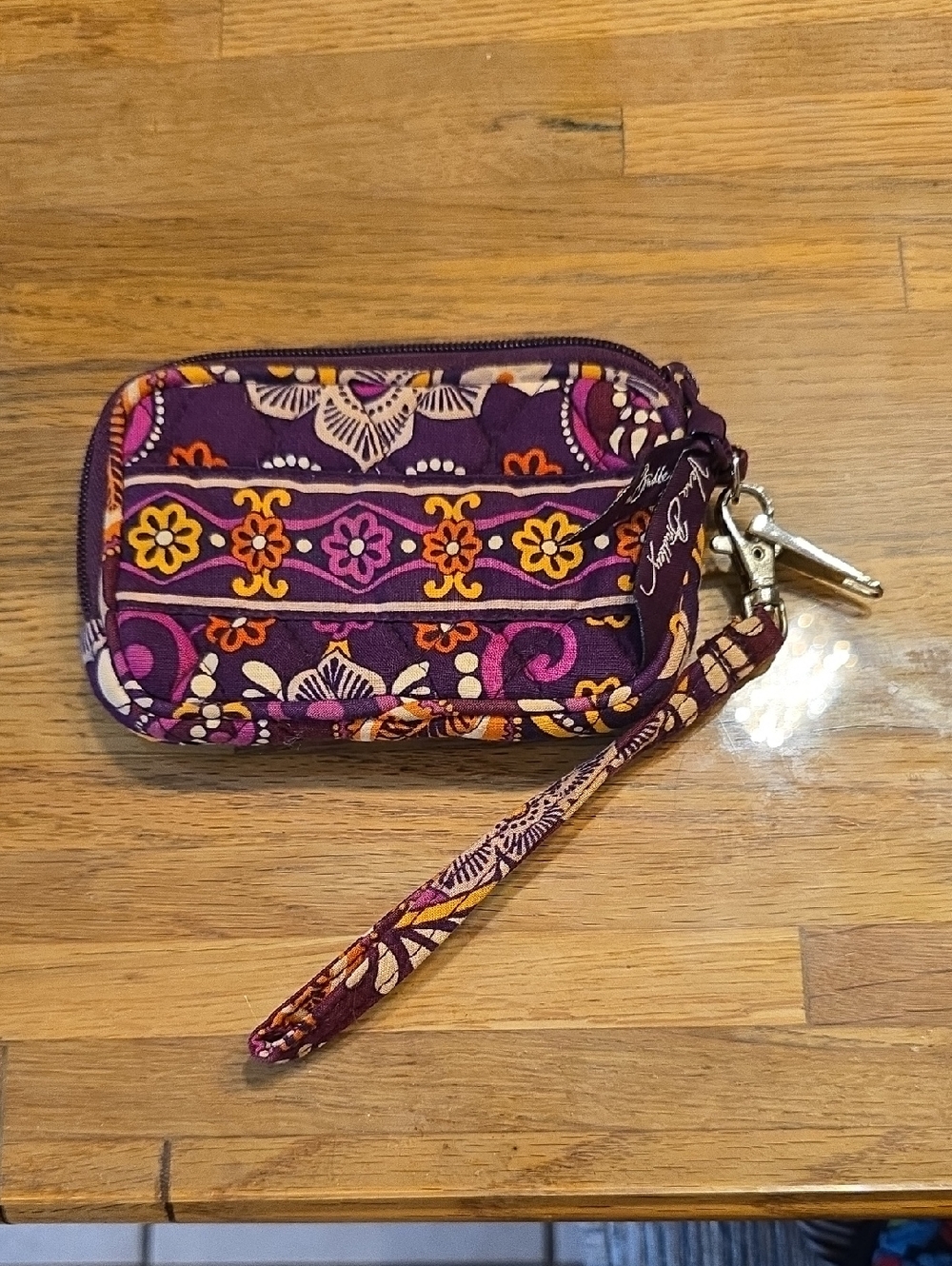 Vera Bradley Plum Floral Quilted Wristlet Key Fob with Orange and Yellow Accents